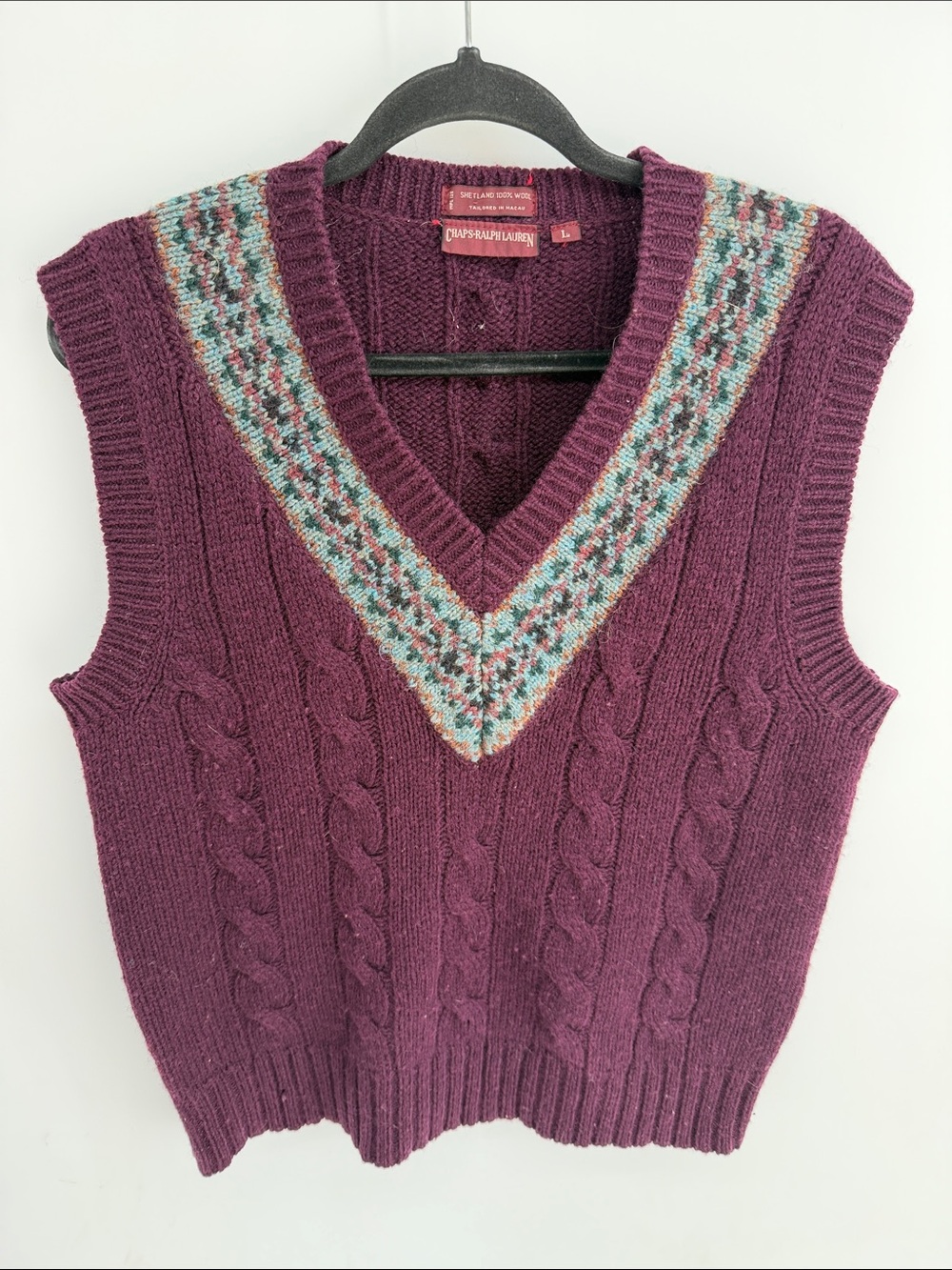Vintage Chaps Ralph Lauren Shetland Wool Cable Knit V-Neck Sweater Vest sz L